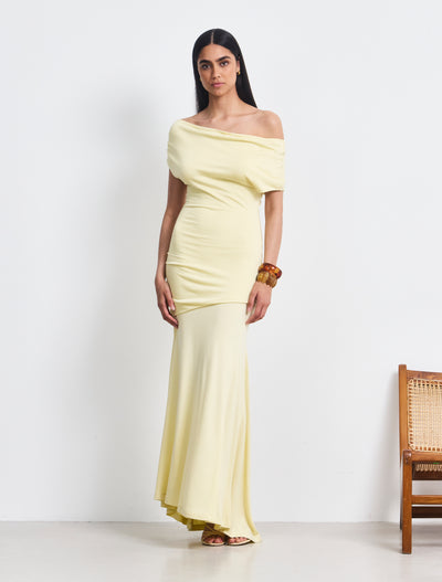 Lulu Asym Sleeve Tee Column Dress With Asym Ruching In Lemon