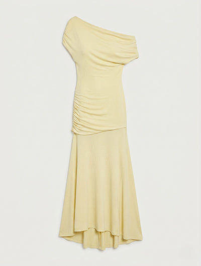 Lulu Asym Sleeve Tee Column Dress With Asym Ruching In Lemon