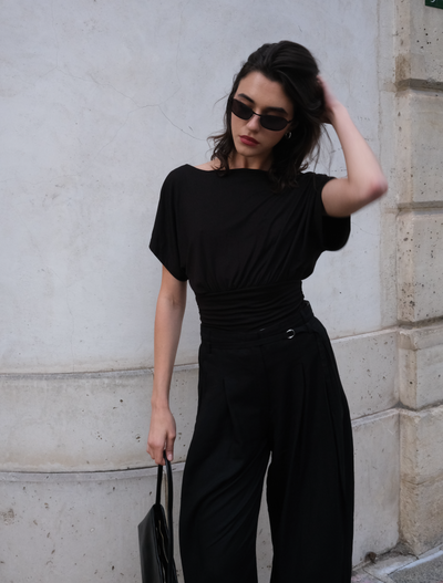 Amelie Slash Neck Gathered Side Top in Black