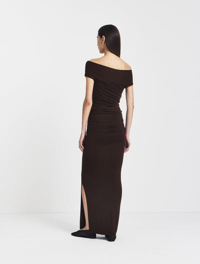 Leah Ruched Maxi Skirt in Bitter Chocolate