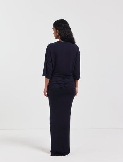 Leah Ruched Maxi Skirt in Darkest Navy