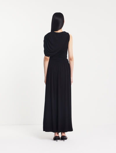 Mila Asymmetrical Caped Shoulder Maxi Dress in Black