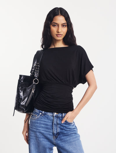 Amelie Slash Neck Gathered Side Top in Black