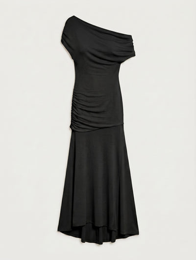 Lulu Asym Sleeve Tee Column Dress With Asym Ruching In Black