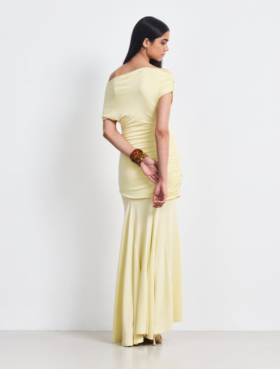 Lulu Asym Sleeve Tee Column Dress With Asym Ruching In Lemon